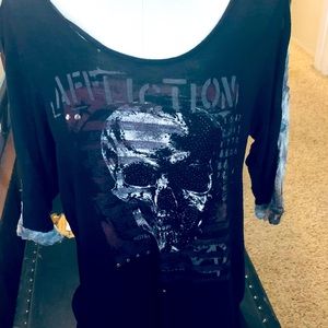 Affliction distressed shirt with lace back and sleeves. Super cute